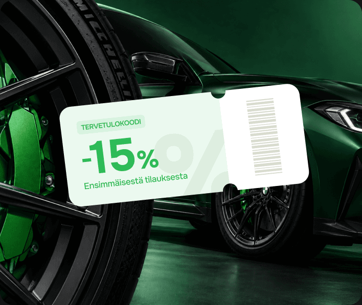 Kuponki ”Tervetulokoodi” −15% ensimmäisestä tilauksesta vihreän auton edessä